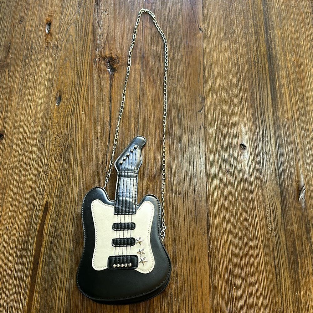 Guitar-Shaped Crossbody Bag - Black and Cream